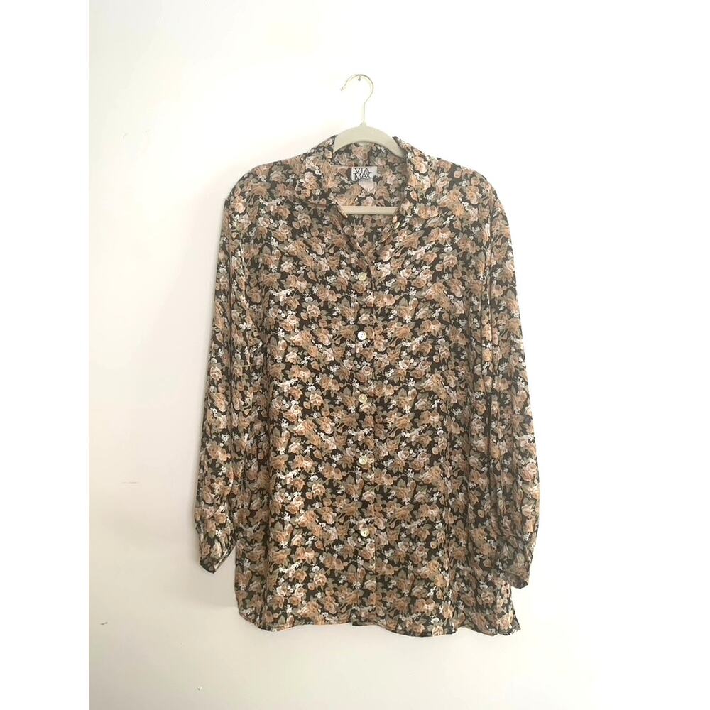 Feminine Black Floral Sheer Button-Down Blouse Womens Small Romantic Flowy Fall